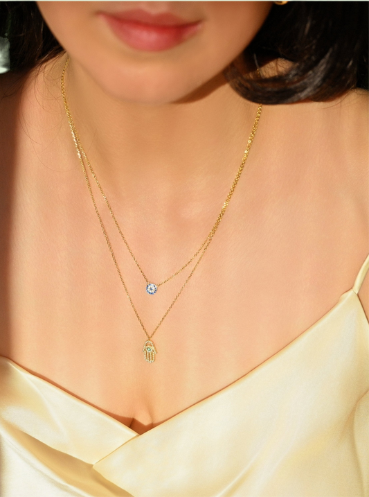 Layered Hamsa and Evil Eye Necklace