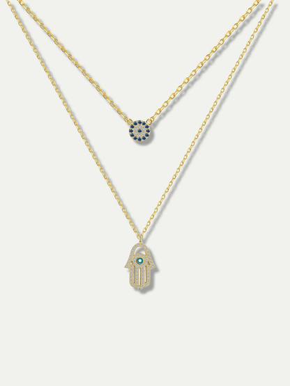 Layered Hamsa and Evil Eye Necklace