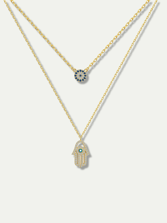 Layered Hamsa and Evil Eye Necklace